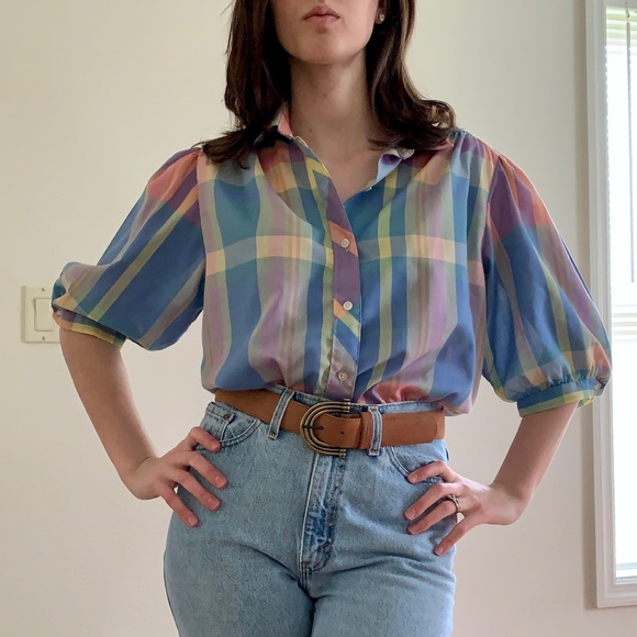 Vintage Tops - Vintage Pastel Plaid Shirt Blouse Top